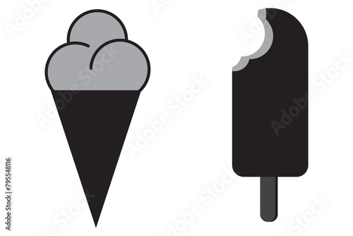 Ice cream silhouette, icon set design. Ice cream cone wafer filled with cartoon, vector illustration. Simple, flat ice cream cone icon and symbol, vector.