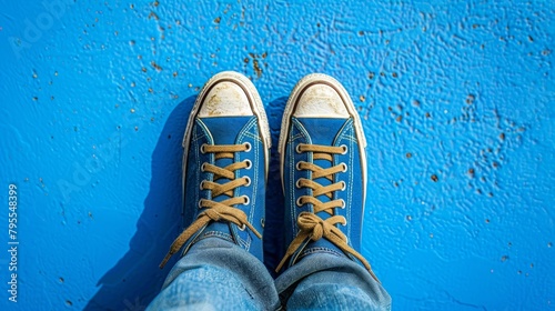   A person clads in blue jeans and brown shoelaces faces a blue wall, donning blue tennis shoes photo