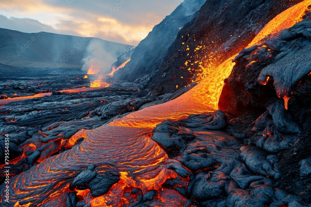 Obraz premium Lava flow flows down the mountain, Frightening dangerous landscape, Ai generated