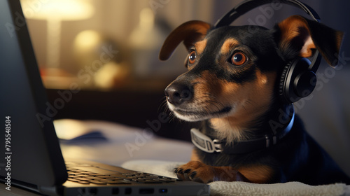 Dog works with the laptop. Remote work or freelance concept with funny puppy. © swillklitch