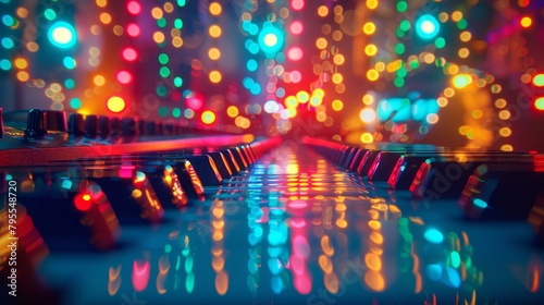  A crisp image of vibrant lights mirrored on a floor illuminated by bright lighting, with a piano prominently positioned in the foreground