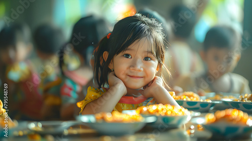 The image shows adorable children enjoying their mealtime at a vibrant daycare center.