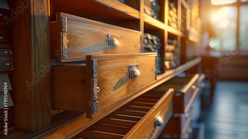 Warm glow of evening light on vintage wooden cabinet drawers