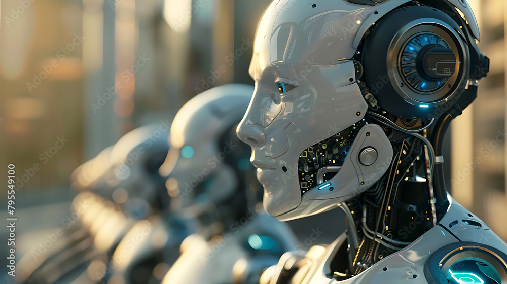 a robot with a white face and large nose stands in front of a building, with a blue light in the ba a robot with a white face and large nose stands in front of a building, with a blue light in the ba