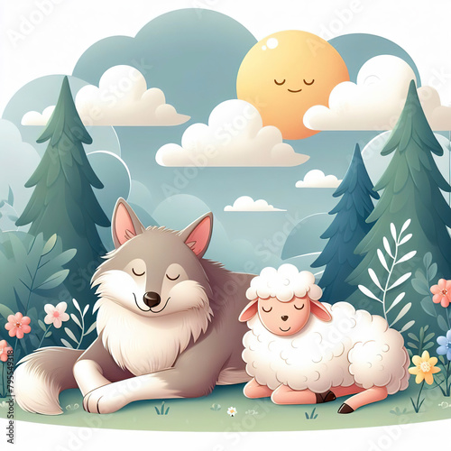 The wolf lies peacefully with the lamb in the lap of nature, a biblical prophecy about the future