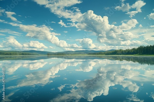Tranquil lake with scattered cirrostratus clouds