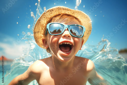 Happy child playing in the sea. Kid having fun outdoors. Summer vacation and healthy lifestyle concept. Toned image
