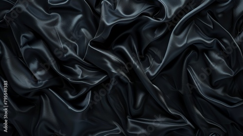 Close-up of black silk fabric with numerous folds