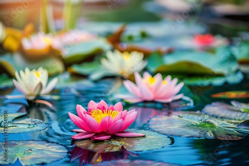 Tranquil pond with colorful lotus flowers blooming on the surface