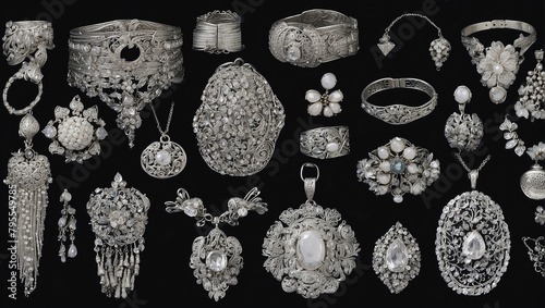 A collection of antique silver jewelry is displayed on a black velvet background.

 photo