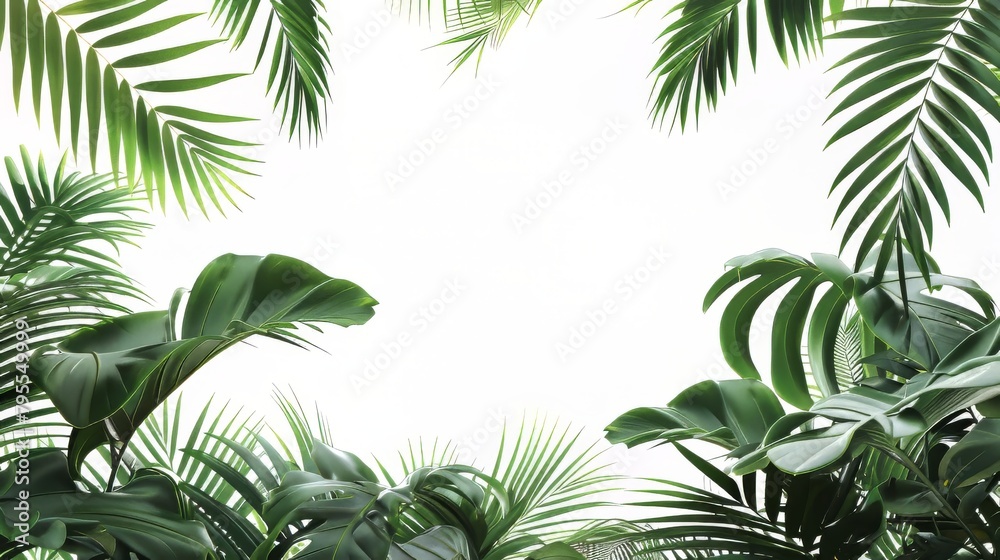 A lush green jungle with palm trees and leaves. The image is a beautiful and serene representation of nature