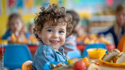 A vibrant and lively daycare center where cute little children enjoy their mealtime