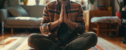 Man practicing yoga with hands in prayer position photo