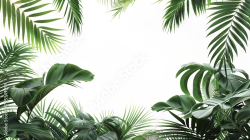 A lush green jungle with palm trees and leaves. The image is a beautiful and serene representation of nature