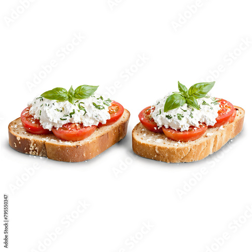 Breakfast bruschetta golden toast topped with ricotta sliced tomatoes and fresh basil leaves with bals