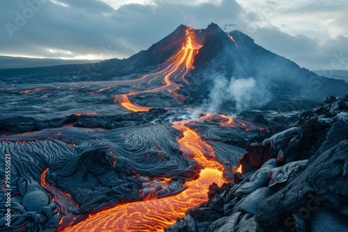 Lava flow flows down the mountain, Frightening dangerous landscape, Ai generated