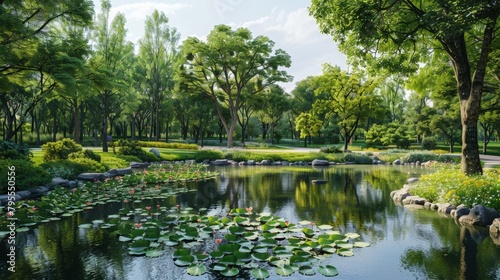 A tranquil pond with lily pads and distant trees