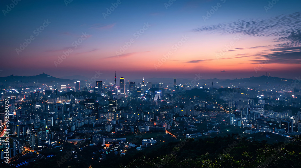 a stunning cityscape at dusk with a distant mountain and blue sky in the background