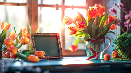 A bouquet of beautiful tulips delivered on the counter near the window, which fall on the insensitive rays of the sun
