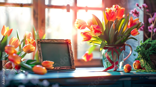 A bouquet of beautiful tulips delivered on the counter near the window, which fall on the insensitive rays of the sun photo