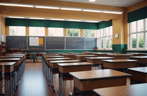 school classroom with desks and blackboard
