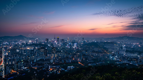 a stunning cityscape at dusk with a distant mountain and blue sky in the background