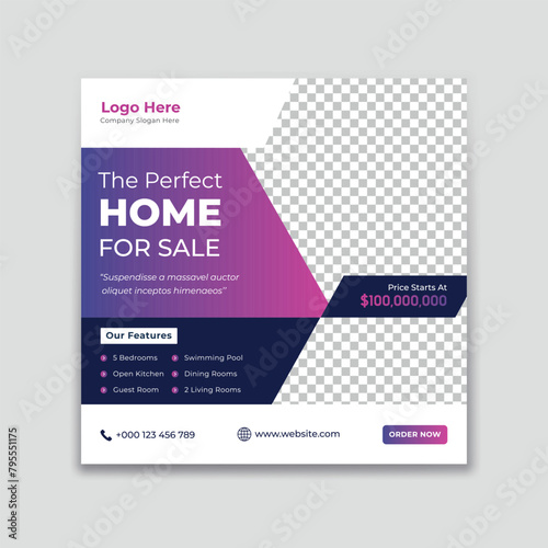 Real estate house social media post Design For sale, Elegant of Real Estate Social Media Banners, home sale social media post banner, square banner template.
