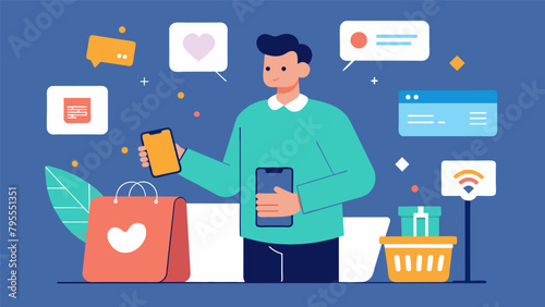A man shopping online receiving recommendations for products and prices based on his previous spending habits from an AI tool..