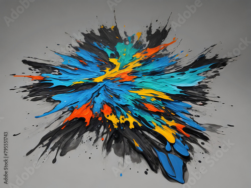 Paint splatter effect, very dynamic & full of energy blue,black orange,yellow,on gey backgeound photo