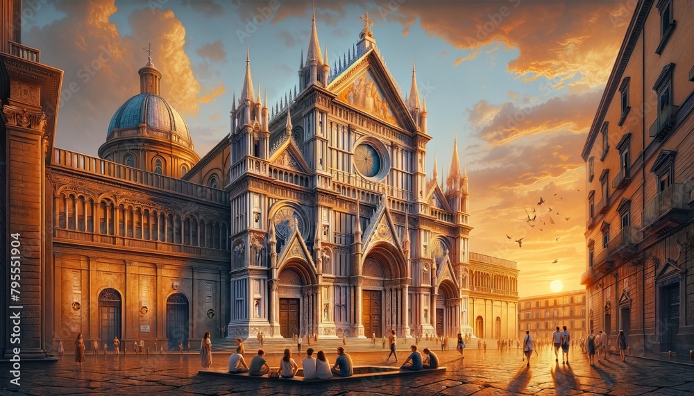 The intricate scene of Duomo di Napoli at sunset