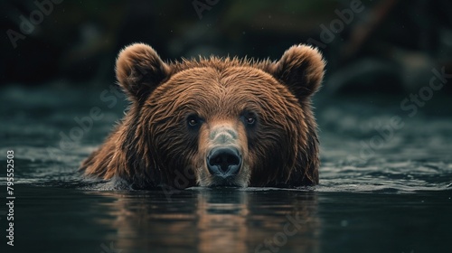 a close-up of a brown bear immersed in its natural habitat, Brown Bear in Water. Generative AI