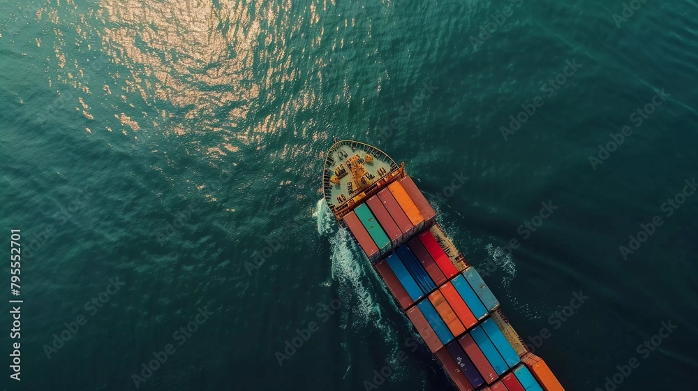 Cargo Colossus: A Bird's-Eye View of a Cargo Ship with Multicolored Containers at Sea