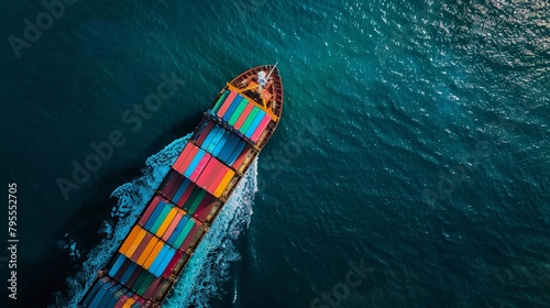 Cargo Colossus: A Bird's-Eye View of a Cargo Ship with Multicolored Containers at Sea