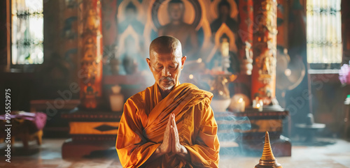 Buddhist Monk in deep meditation, surrounded by burning candles, in etting of a traditional Buddhist temple. Religion, traditional eastern meditation, prayer, spiritual practice photo