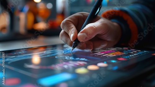 Creative Professional Using Advanced Digital Tablet for Graphic Design in a Modern Workspace Illuminated by Ambient Lights