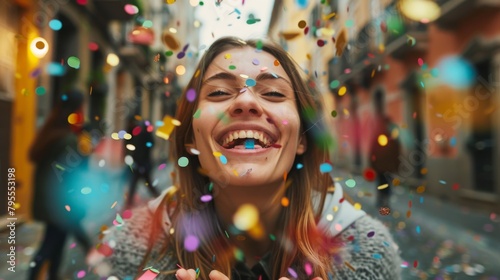 Joyful Woman with Flying Confetti