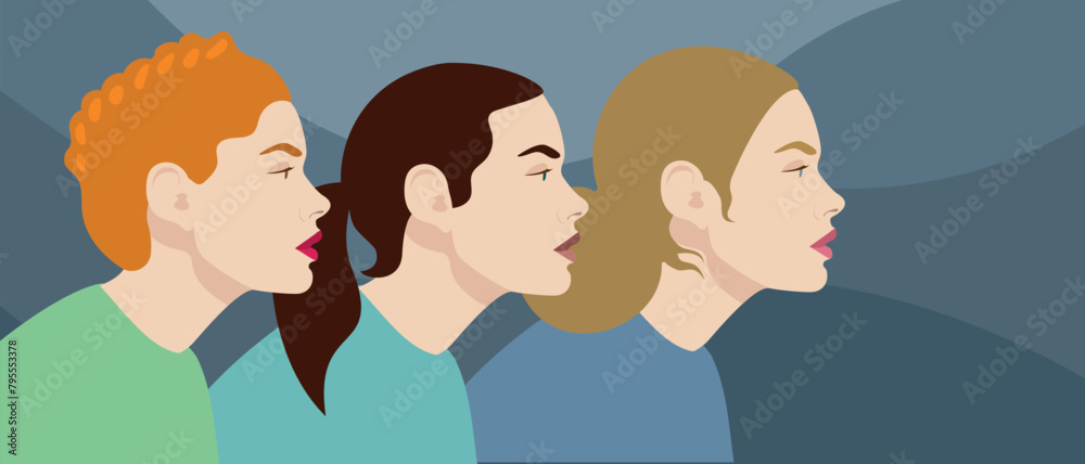 A variety of female beauty. Head and shoulders, side view. Female profiles on a blue background. Ethnic diversity, beauty and women's solidarity.