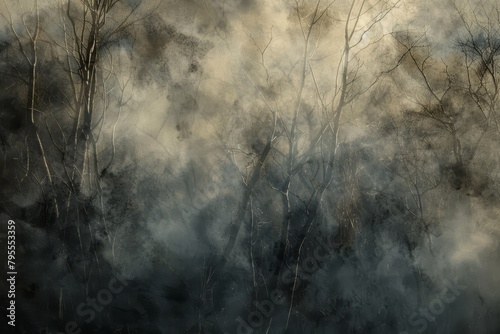 Wisps of fog in a misty woodland