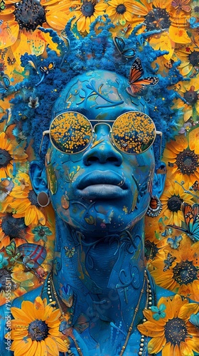 Blue Painted Individual with Reflective Sunglasses Against a Sunflower Background: A Vivid Artistic Statement