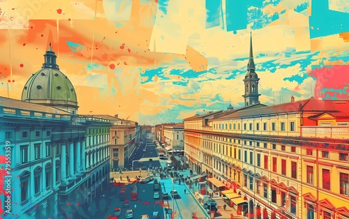 Pop art artistic image of italian city with mole antonelliana and piazza vittorio torino photo