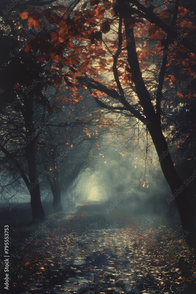 Enigmatic Forest Path with Autumn Leaves and Mist Illuminated by a Soft, Ethereal Light
