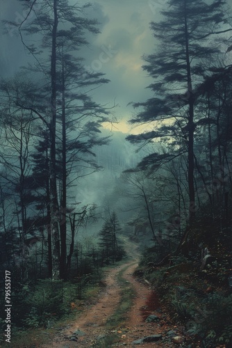 Mysterious Forest Path Leading to a Misty, Ethereal Clearing Under a Brooding Sky