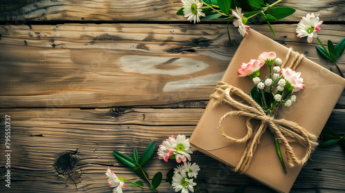 An ecologically hand-wrapped gift, placed on a wooden table among spring flowers, tied with a string with a flower. Mother's Day, gift, giving, wood, love. photo