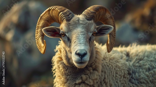 close up of a ram, portrait of a horned sheep. Generative AI
