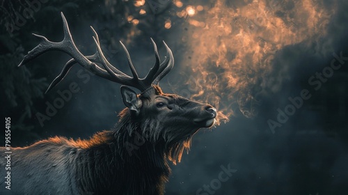 the majestic and enigmatic presence of the elk with its sprawling antlers set against the backdrop of a mystical forest. Generative AI