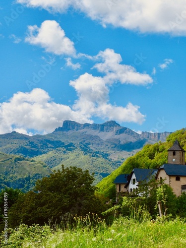 vivid mountain landscape seen from village of Accous, France. vertical photo retro look