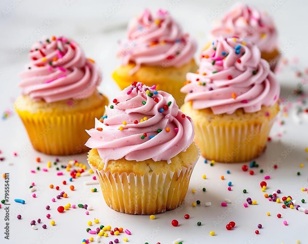 A photo of colorful cupcakes with pink frosting and sprinkles on a white background