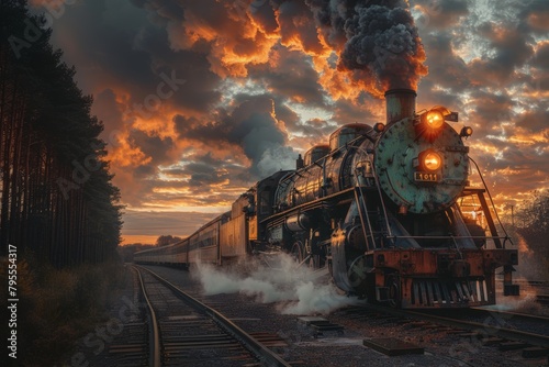 Historic Steam Locomotive Chugging Along Tracks at Sunset with Dramatic Cloudy Sky