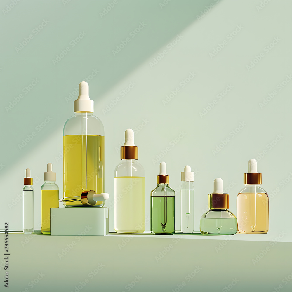 Realistic imagine of different eco cosmetic serum bottles on a light pale green background flatly with room for text high quality. Cosmetics products. Realistic imagine of different eco cosmetic serum bottles on a light pale green background flatly with room for text high quality. Cosmetics products.