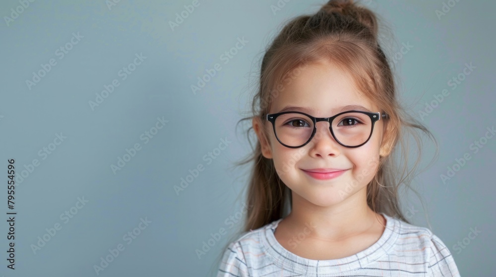 Portrait of cute little girl wear glasses. Ophthalmology concept